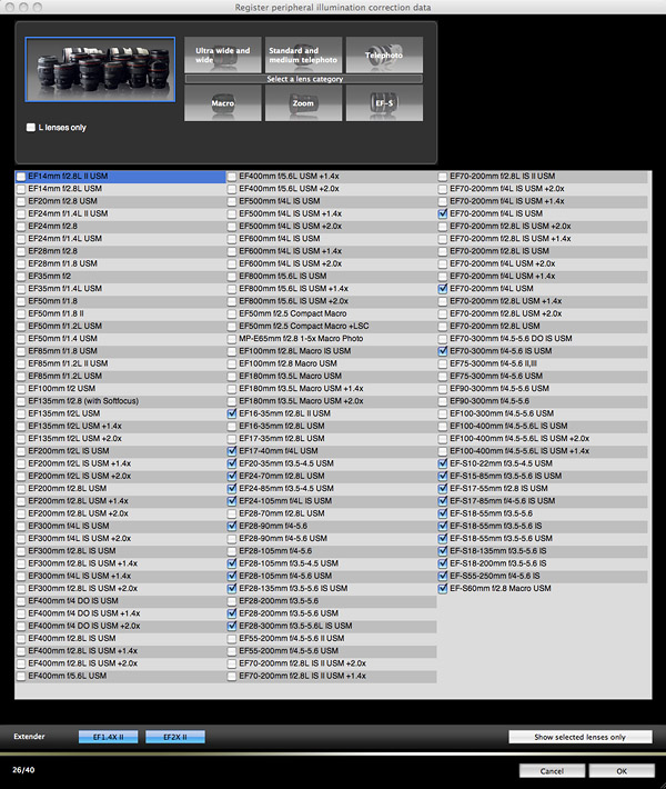 Canon EOS Utility peripheral illumination correction